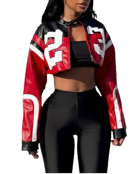 MotoChic Faux Leather Y2K jacket by MANDOTOS INTERNATIONAL, stylish black jacket with a trendy vintage Y2K design.