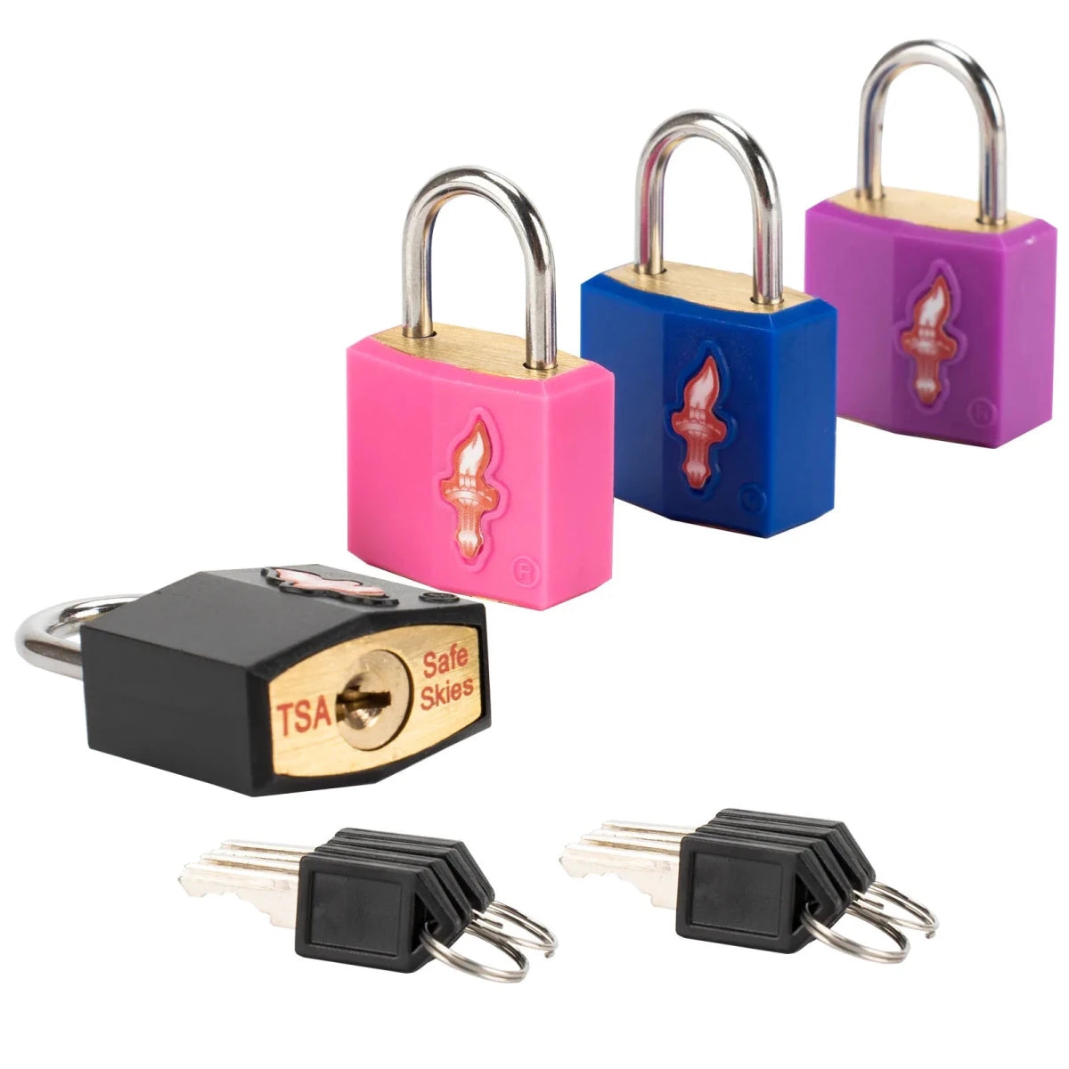Multicolor family travel kit with TSA-approved luggage locks from MANDOTOS INTERNATIONAL, including multiple locks and travel accessories.