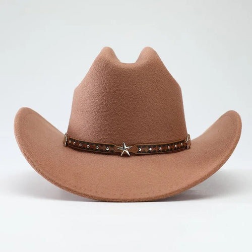 Mandotos International denim cowboy hats for men and women with five-pointed star belt detail and soft woolen finish.