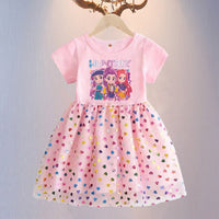 Girls summer princess dress by Mandotos International, short-sleeved gauze skirt with a whimsical hunter witch design for children.