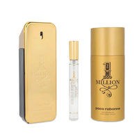 Paco Rabanne Million Man 3-set including Eau de Toilette, deodorant, and travel spray, displayed with packaging and bottles.