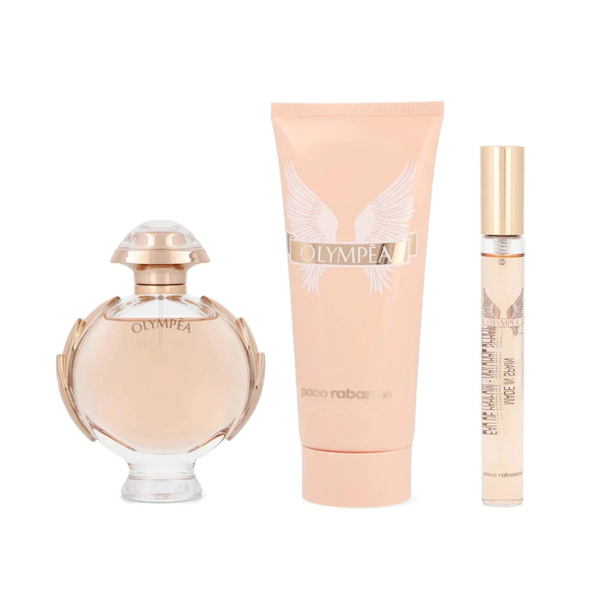 Paco Rabanne Olympea 3-Piece Set for Women with Eau De Parfum Spray, Body Lotion, and Travel Spray displayed in the image.