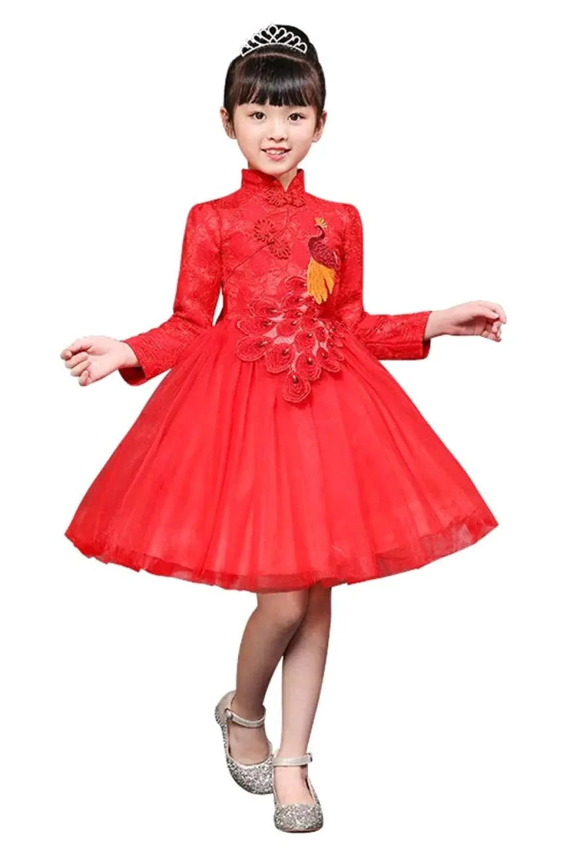 Girls' embroidered cheongsam dress with peacock princess design, in vibrant colors, for ages 3 to 10, by MANDOTOS INTERNATIONAL.