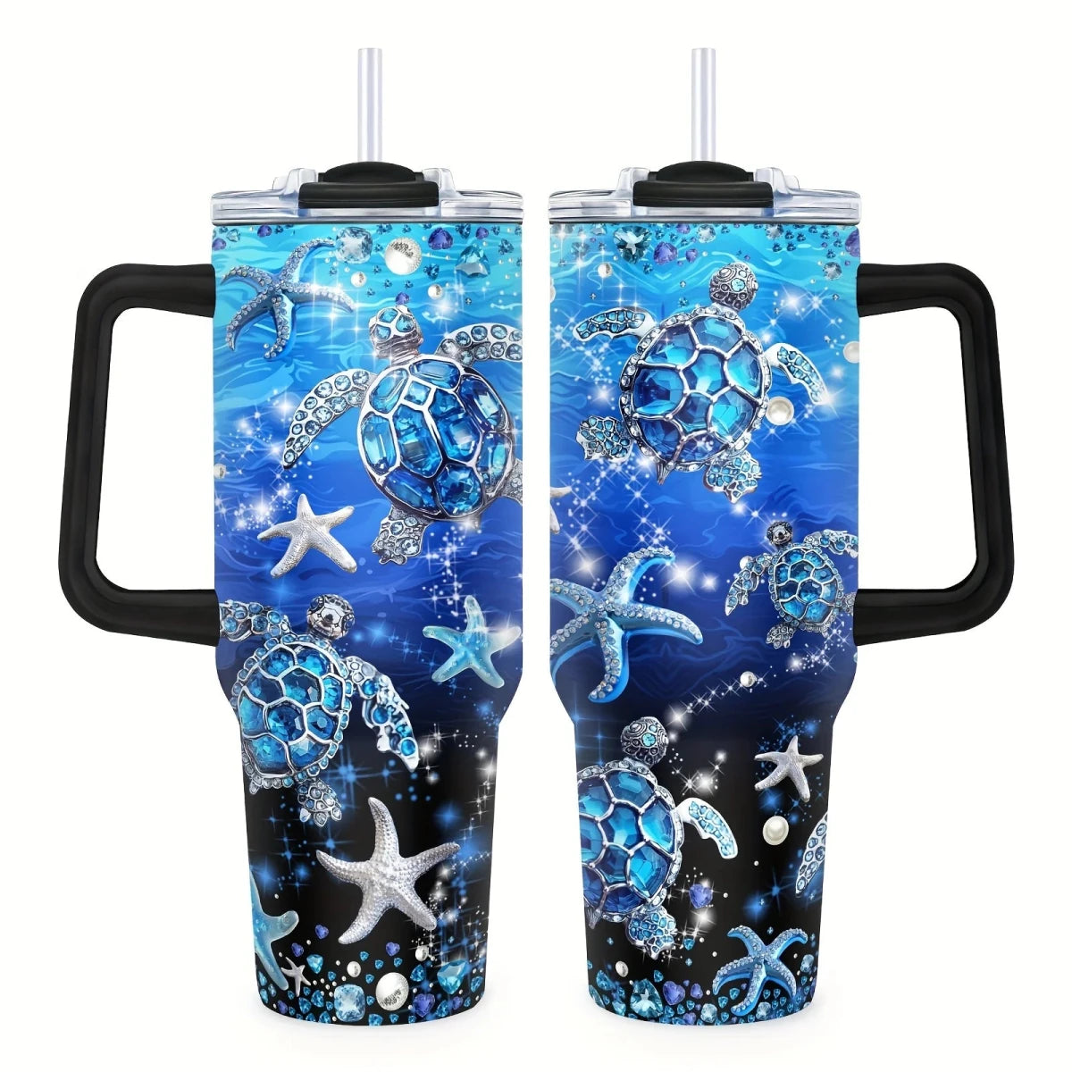 Personalized 40oz stainless steel travel coffee mug with handle by MANDOTOS INTERNATIONAL on a plain background.
