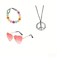 Pesenar 60s hippie costume accessory set with flower headband, pink heart sunglasses, and peace sign necklace, by Mandotos International.