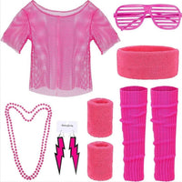 Mandotos International PESENAR 80s neon pink mesh costume accessory set with leg warmers, sunglasses, and earrings on display.