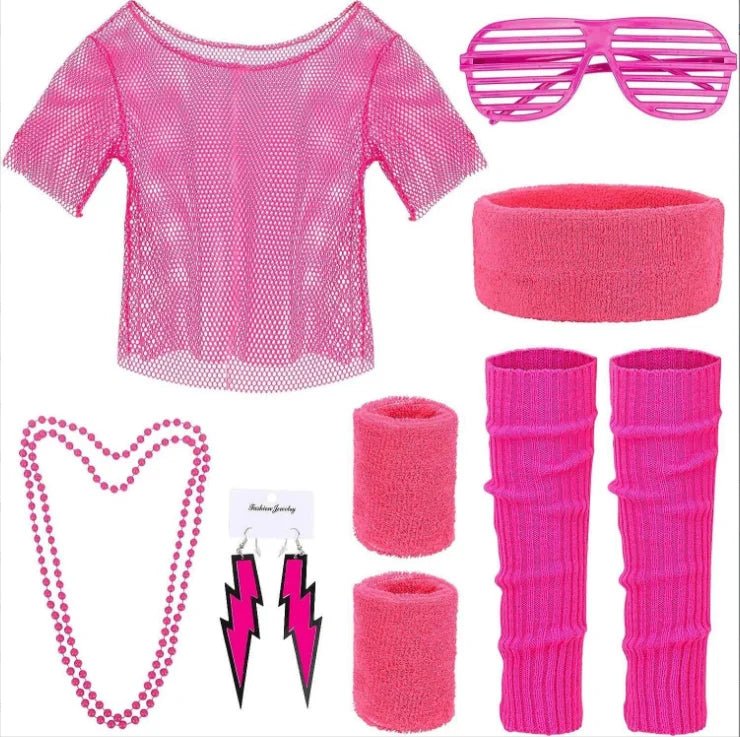 Mandotos International PESENAR 80s neon pink mesh costume accessory set with leg warmers, sunglasses, and earrings.