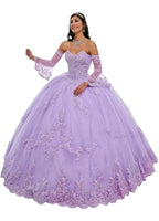 Lavender Quinceanera ball gown by MANDOTOS INTERNATIONAL, size 4, featuring intricate embroidery and a flowing skirt.