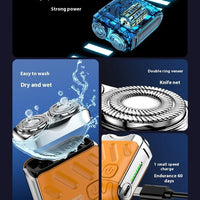 Mandotos International portable electric shaver for men, mini USB-powered razor for face, body, and bikini shaving.