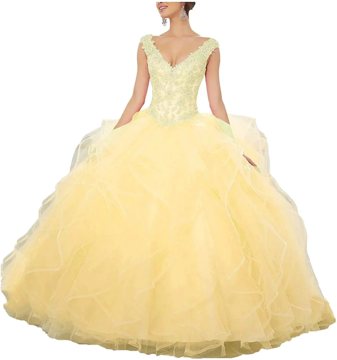 Elegant yellow Quinceañera prom gown by MANDOTOS INTERNATIONAL, featuring a flowing design and intricate details.