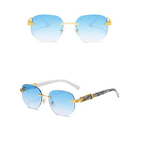Gold rimless retro square hip hop sunglasses by MANDOTOS INTERNATIONAL, unisex fashion eyewear with bold style.