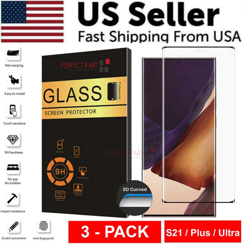 Mandotos International S21 Series 3-Pack Ultra Clear Screen Protectors for Samsung Galaxy S21 smartphones.