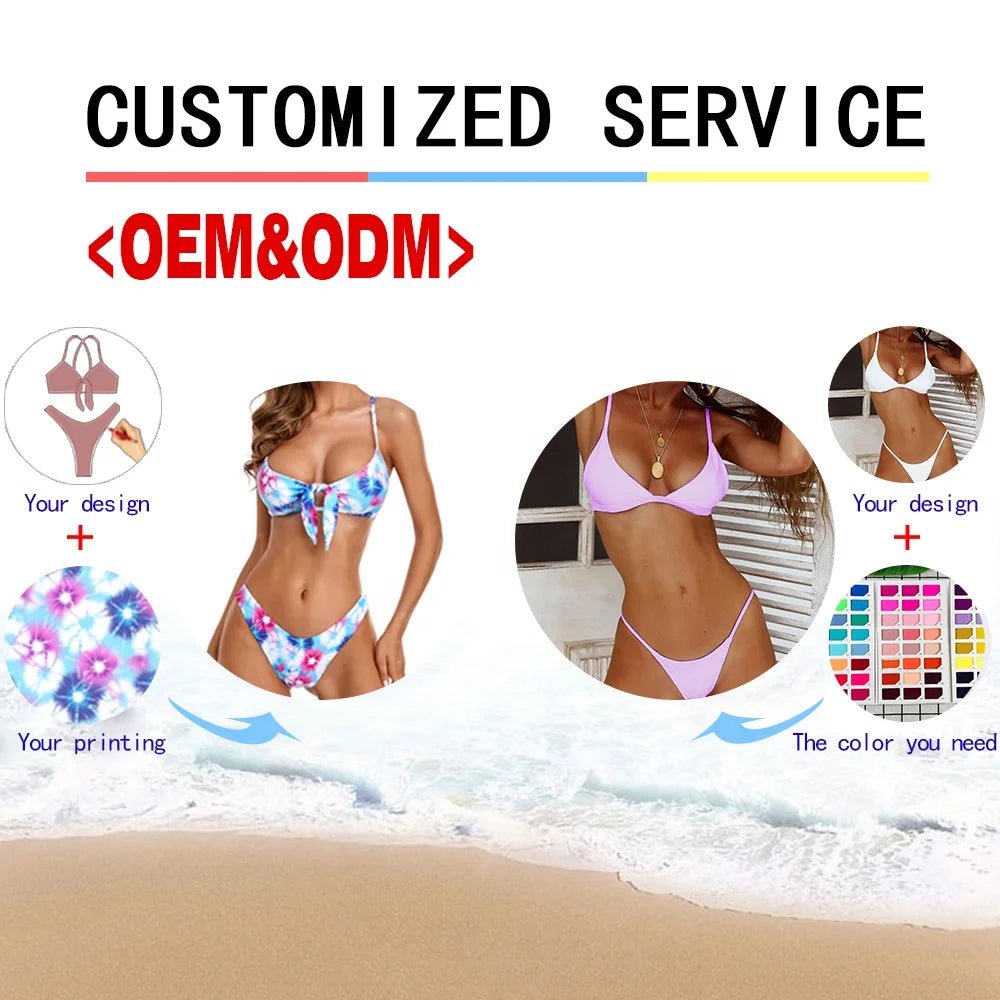Mandotos International women's two-piece bikini with floral fabric, push-up design, halter belt, and wrinkle triangle top.
