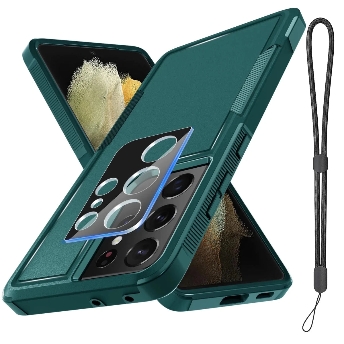 Mandotos International Samsung Galaxy S21 Ultra rugged full body case with glass screen protector and lanyard attached.