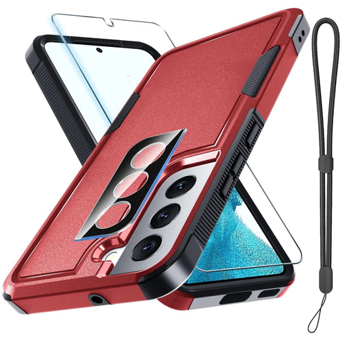 Red Samsung Galaxy S22 rugged full-body case with screen and lens protector, providing durable protection for the smartphone.