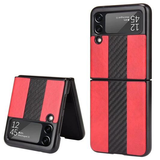 Samsung Z Flip 3 5G leather folding case by MANDOTOS INTERNATIONAL, showing the sleek black case with open flip design.