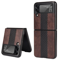 Samsung Z Flip 3 5G leather folding case by MANDOTOS INTERNATIONAL, showing the black textured leather exterior and folding design.
