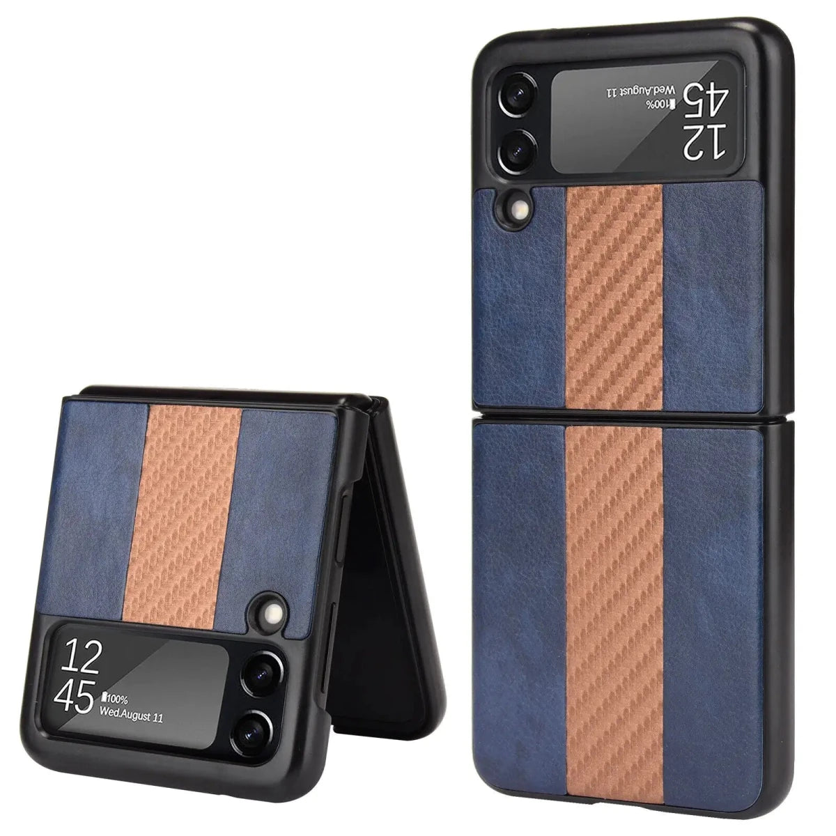 Samsung Z Flip 3 5G leather folding case by MANDOTOS INTERNATIONAL, showing the sleek black leather exterior and foldable design.