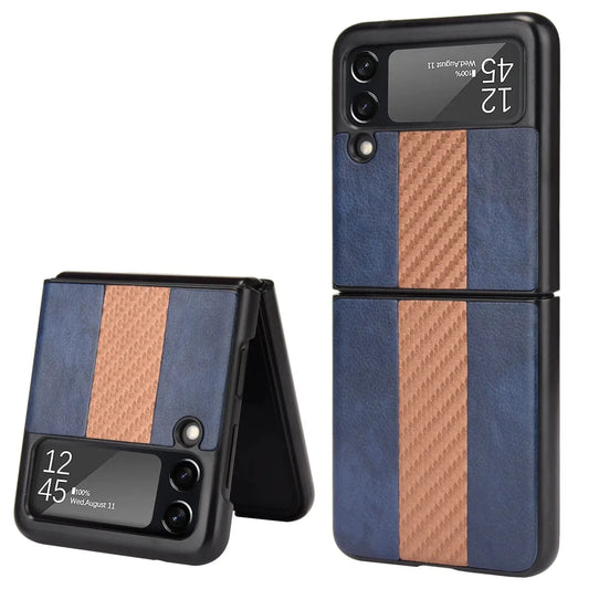 Samsung Z Flip 3 5G leather folding case by MANDOTOS INTERNATIONAL, showing the sleek black leather exterior and foldable design.