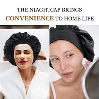 Silk wide-brimmed sleeping bonnet for women, satin hair care bonnet by MANDOTOS INTERNATIONAL, shown on a model.