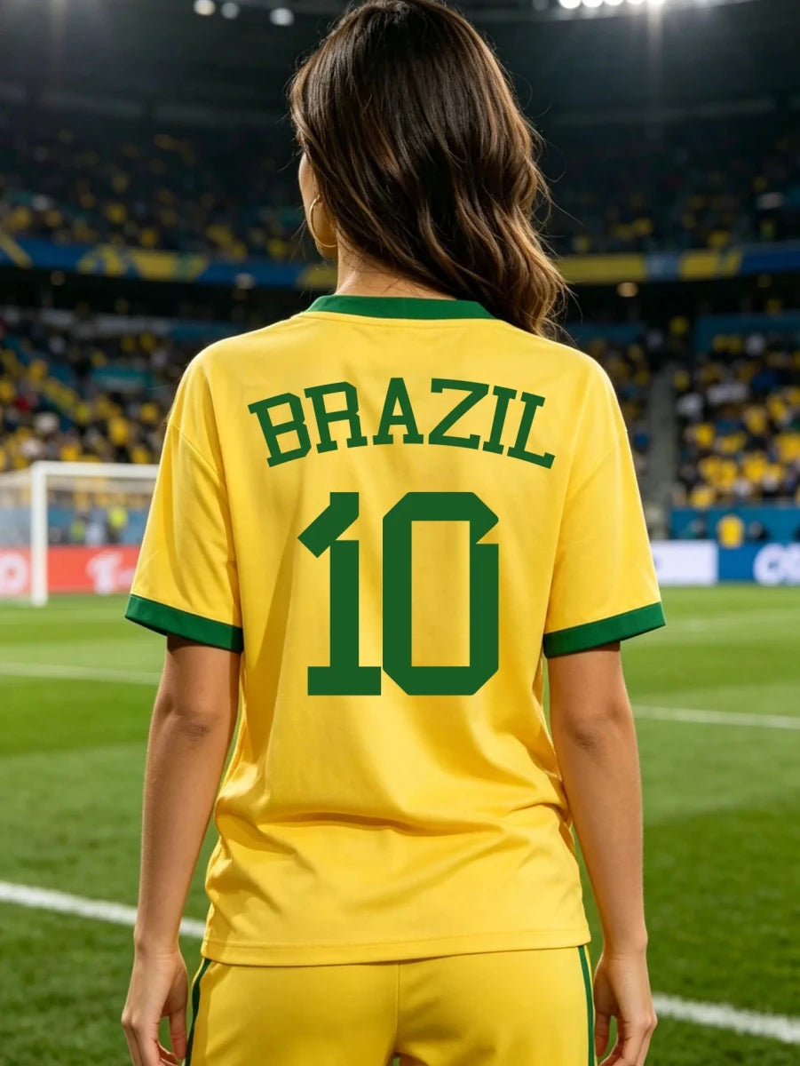 Women’s Brazil National Team sports jersey T-shirt by Mandotos International with sporty graphic print and aesthetic design.