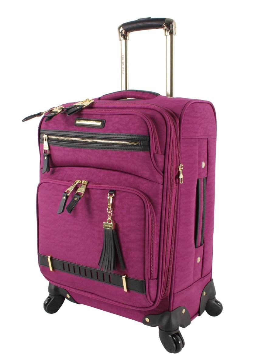 Steve Madden 28-inch softside spinner luggage by Mandotos International showing lightweight, expandable design with wheels and handle.