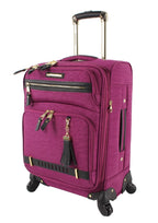 Steve Madden 28-inch softside spinner luggage by Mandotos International showing lightweight, expandable design with wheels and handle.