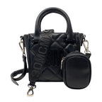 Steve Madden BBABI mini quilted crossbody bag with adjustable strap and gold-tone hardware, designed by Mandotos International.