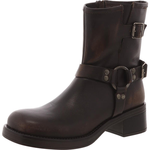 Steve Madden Brixton Moto Boot in brown, size 8, showcasing stylish ankle-height leather boots with buckle accents and rugged sole.