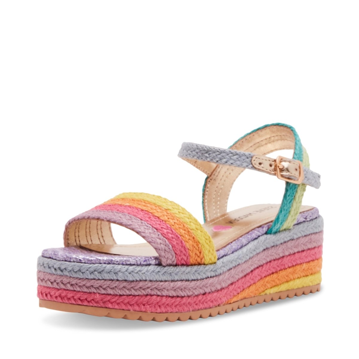 Steve Madden Girls Cleo Rainbow Wedge Sandal by MANDOTOS INTERNATIONAL, showing colorful rainbow straps and wedge heel.
