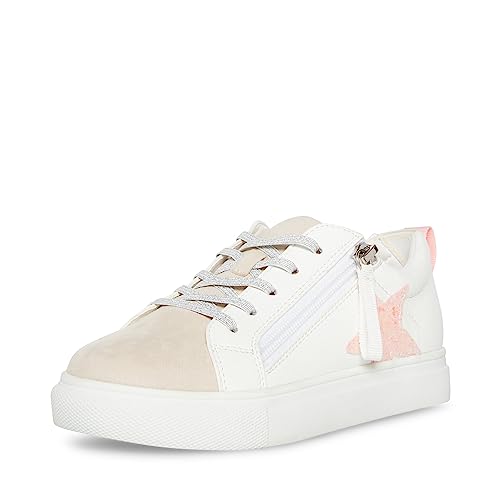 Steve Madden girls' adaptive Rezume sneaker in white and multi-color for big kids, featuring stylish design and comfortable fit.