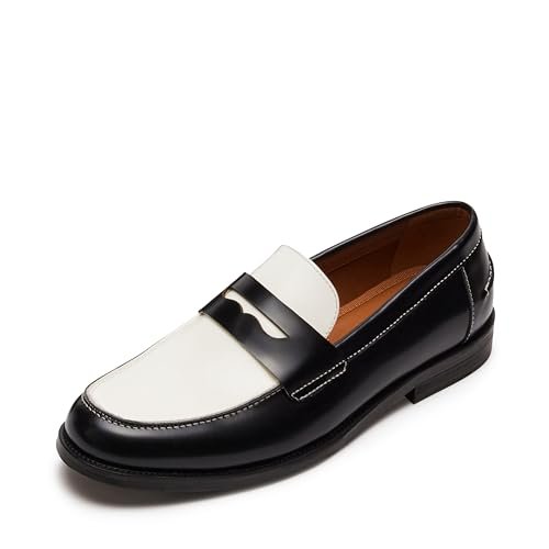 Steve Madden Natan men's black and white leather loafers, size 8.5, with sleek design and classic slip-on style.