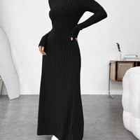 Mandotos International stylish high collar winter dress with long sleeves and fitted silhouette, perfect for cold weather fashion.