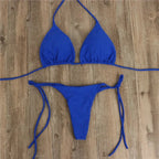 Mandotos International summer solid micro bikini set for women with tie side G-string thong, Brazilian swimwear, and bandage style.