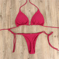 Mandotos International summer solid micro bikini set for women, featuring tie-side G-string thong and Brazilian-style bandage swimsuit.