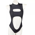 Mandotos International one-piece swimsuit with zipper neck, front cutout, and hollow-out design, perfect for stylish swimwear.