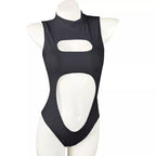 Mandotos International one-piece swimsuit with zipper neck, front cutout, and hollow-out design, perfect for stylish swimwear.