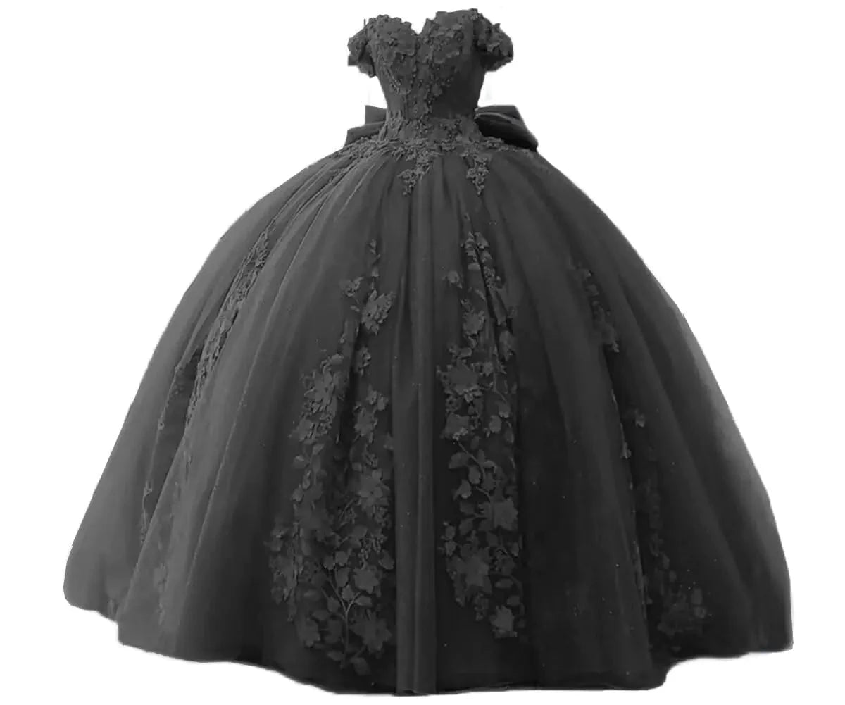 Off-shoulder lace quinceañera gown by Mandotos International, elegant white dress with intricate lace details and flowing skirt.