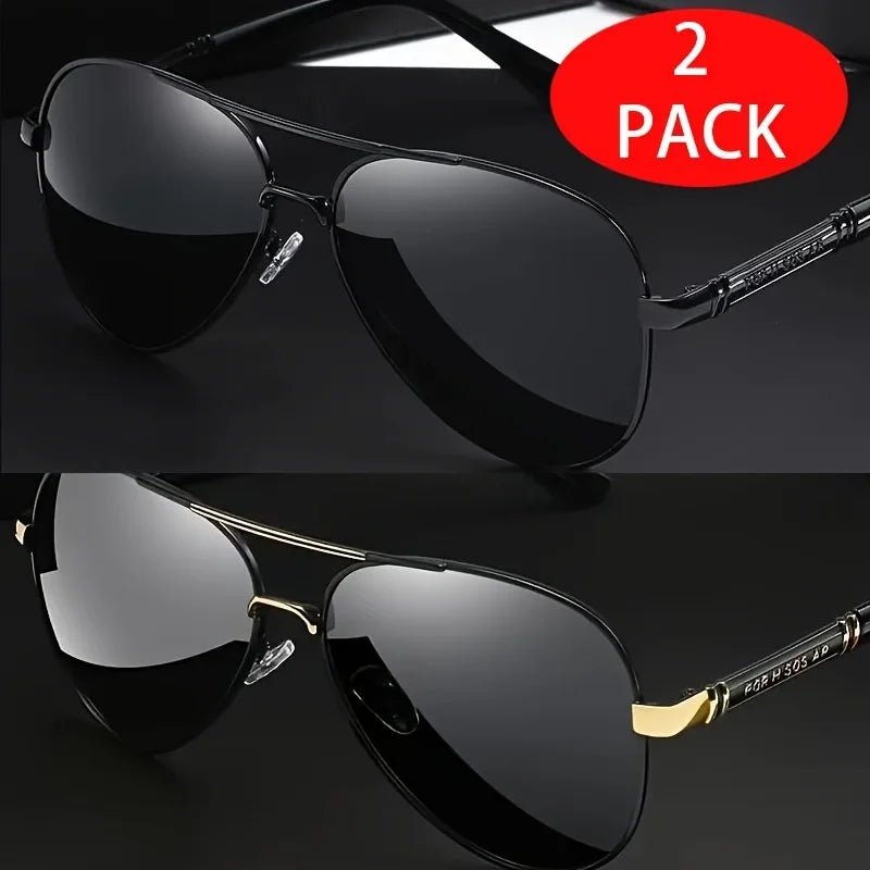 Two pairs of MANDOTOS INTERNATIONAL red sunglasses with stylish metal frames and TAC lenses, showcasing elegant design.