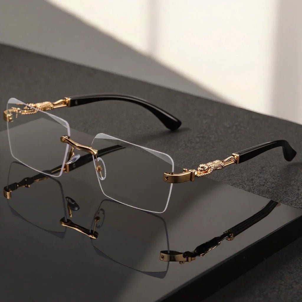 Unisex luxury frameless black and gold sunglasses with leopard print, thin rectangular lenses, UV400 protection, elegant design.
