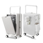 Mandotos International 20-inch hard shell trolley suitcase with waterproof design, lightweight construction, front opening, and cup holder.