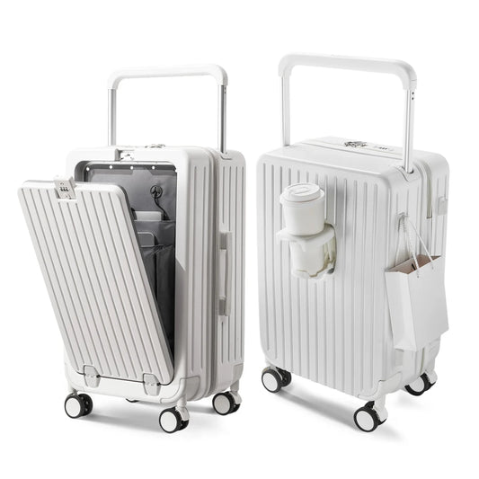 Mandotos International 20-inch hard shell trolley suitcase with waterproof design, lightweight construction, front opening, and built-in cup holder.