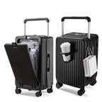 Lightweight 20-inch hard shell trolley suitcase by MANDOTOS INTERNATIONAL with front opening and built-in cup holder.
