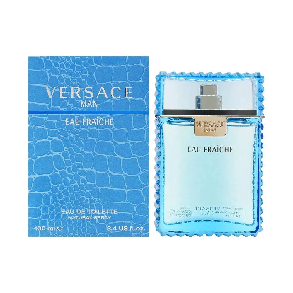 Mandotos International Versace Man Fresh Essence 3.4 oz EDT spray bottle with sleek design and clear fragrance label.