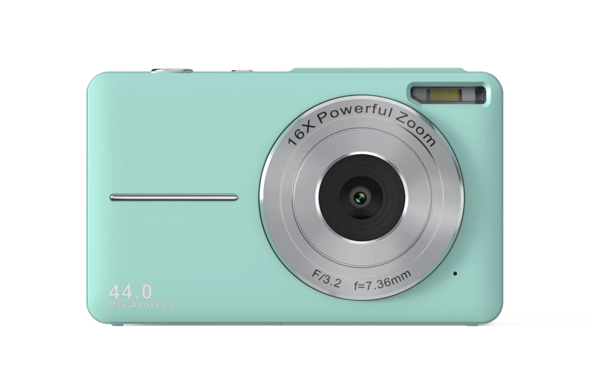 Vintage 4K compact camera by MANDOTOS INTERNATIONAL with a 44MP photo display and retro design.