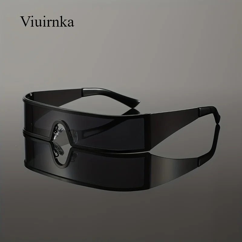 Mandotos International VIUIRNKA men's cyberpunk metal wraparound sunglasses with wide temples, futuristic design and protective case.