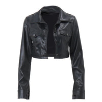 Mandotos International Vogue PU cropped jacket in black, showcasing a stylish, fitted design with a collar and front zipper closure.
