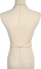 Women's gold body chain necklace bikini jewelry set with four pieces, featuring delicate chain details and stylish design.