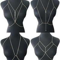 Women's gold body chain necklace bikini jewelry set with four pieces, featuring intricate gold chains and stylish design.