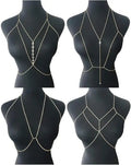Women's gold body chain necklace bikini jewelry set with four pieces, featuring intricate chain designs and versatile accessories.